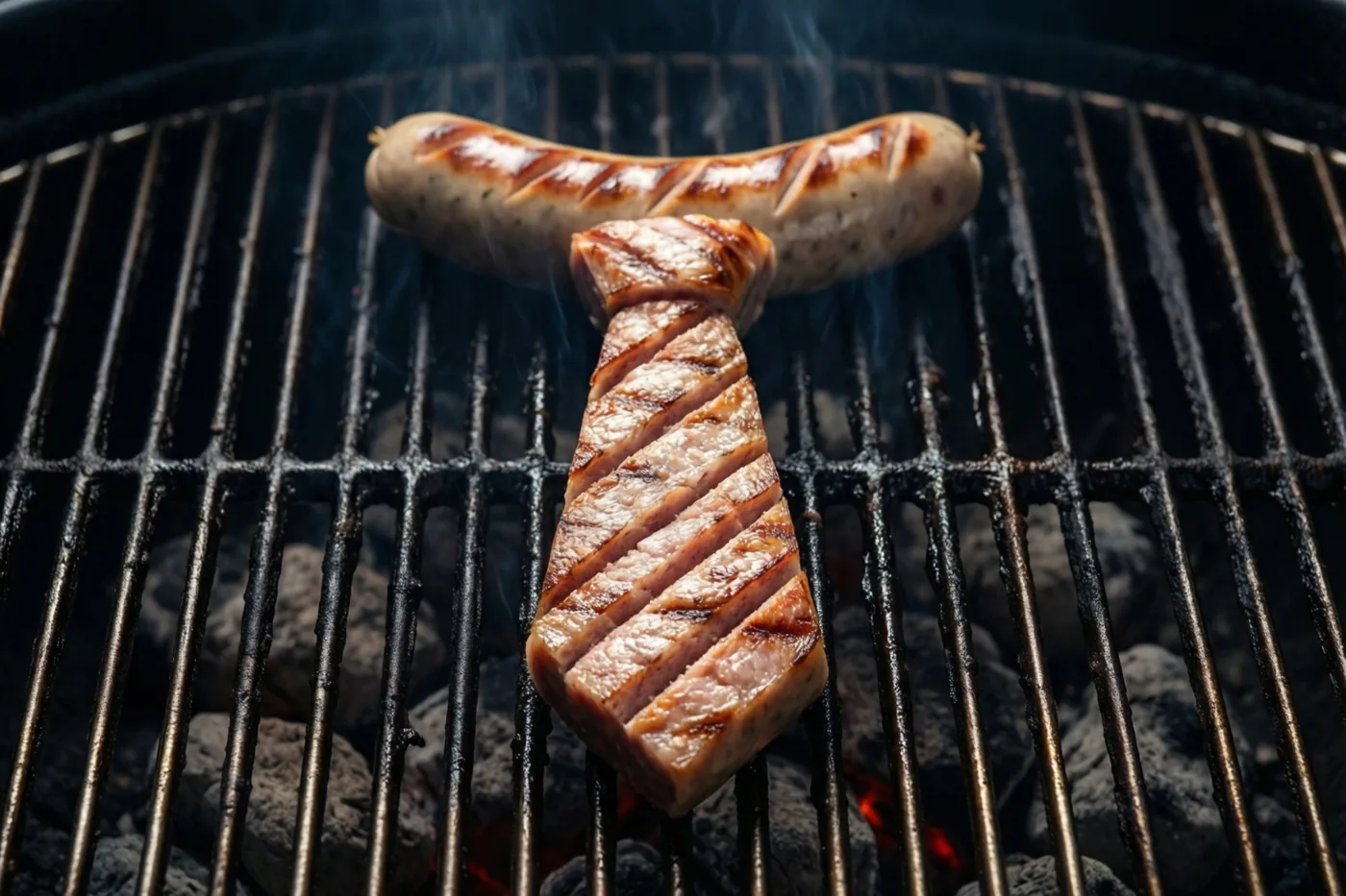 Een worst in de vorm van een das ligt op een rokend barbecuerooster boven gloeiende kolen, tegen een donkere achtergrond.