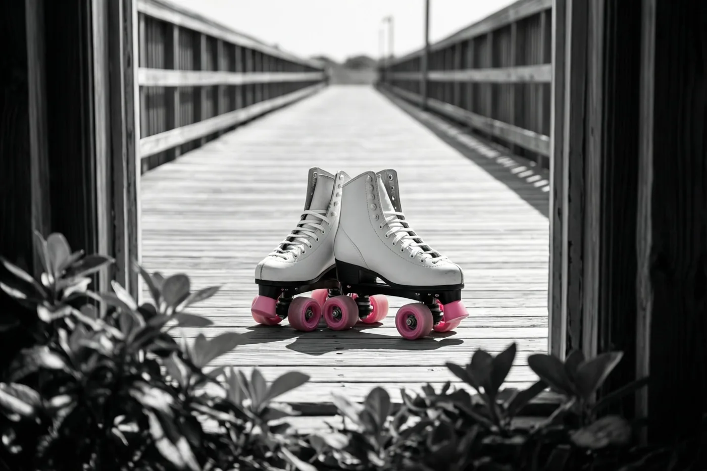 Witte rolschaatsen staan op een houten wandelpad met donkere bladeren op de voorgrond, in een zwart-witbeeld waarin alleen de roze wielen gekleurd zijn.