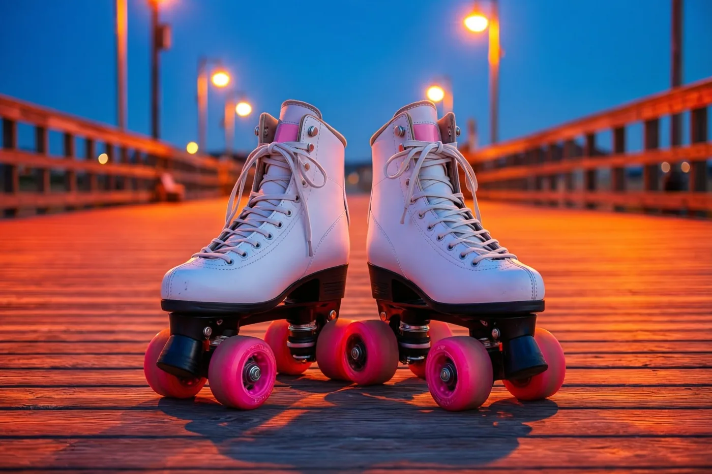 Witte rolschaatsen met roze wielen staan op een houten wandelpad bij schemering, onder warme straatverlichting en een diepblauwe lucht.