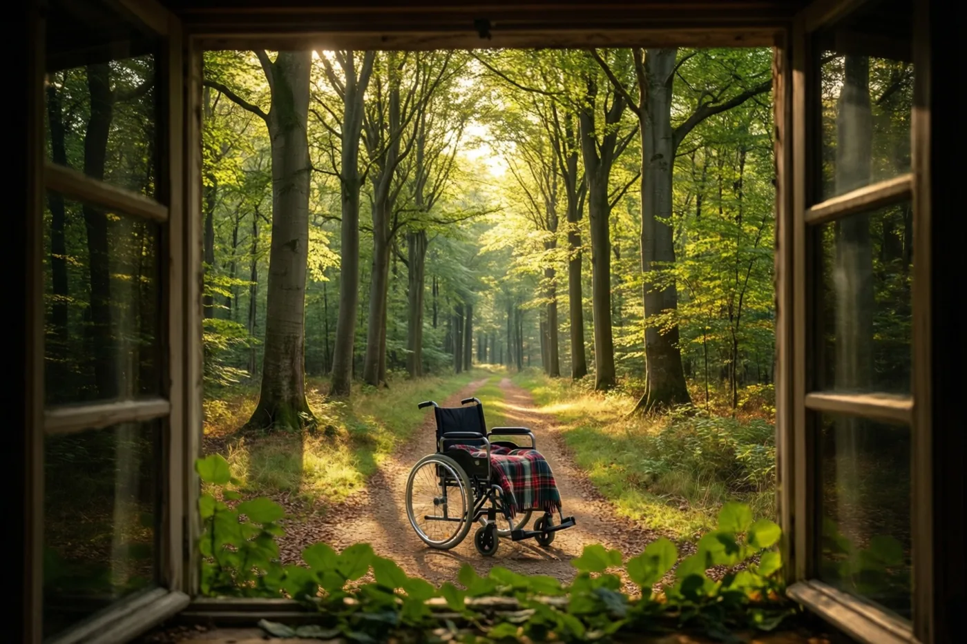 Door een open raam is een rolstoel met een geruite deken te zien op een pad tussen hoge beuken in warm zonlicht.