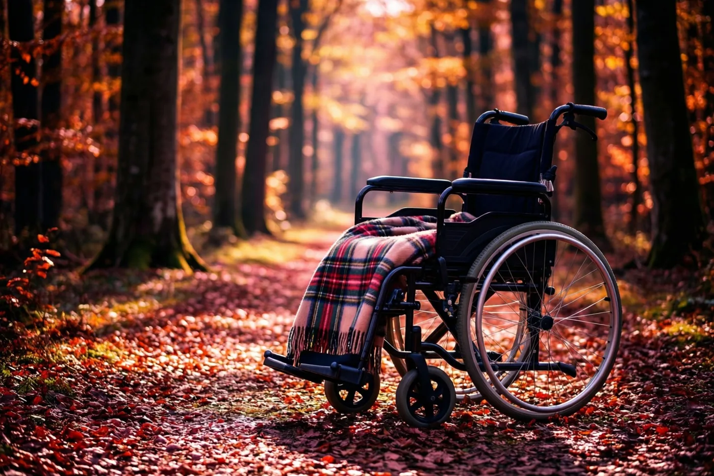 Een rolstoel met een geruite deken staat op een bospad vol herfstbladeren tussen hoge beuken waar zonlicht doorheen valt.
