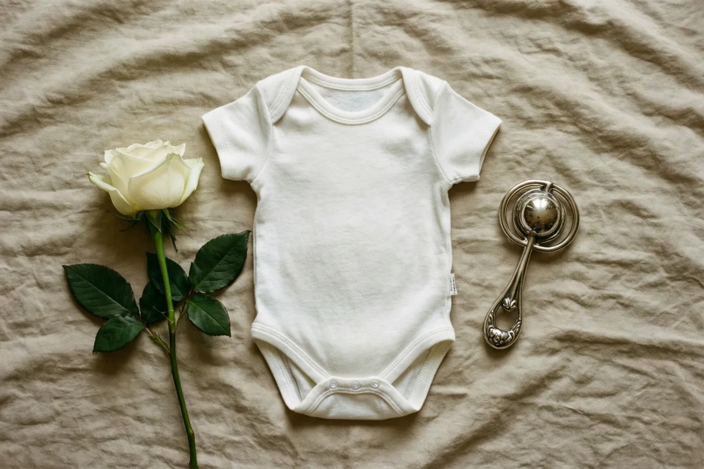 Een wit babyrompertje, een witte roos met groene bladeren en een zilveren rammelaar liggen op gekreukt beige linnen in zacht licht.