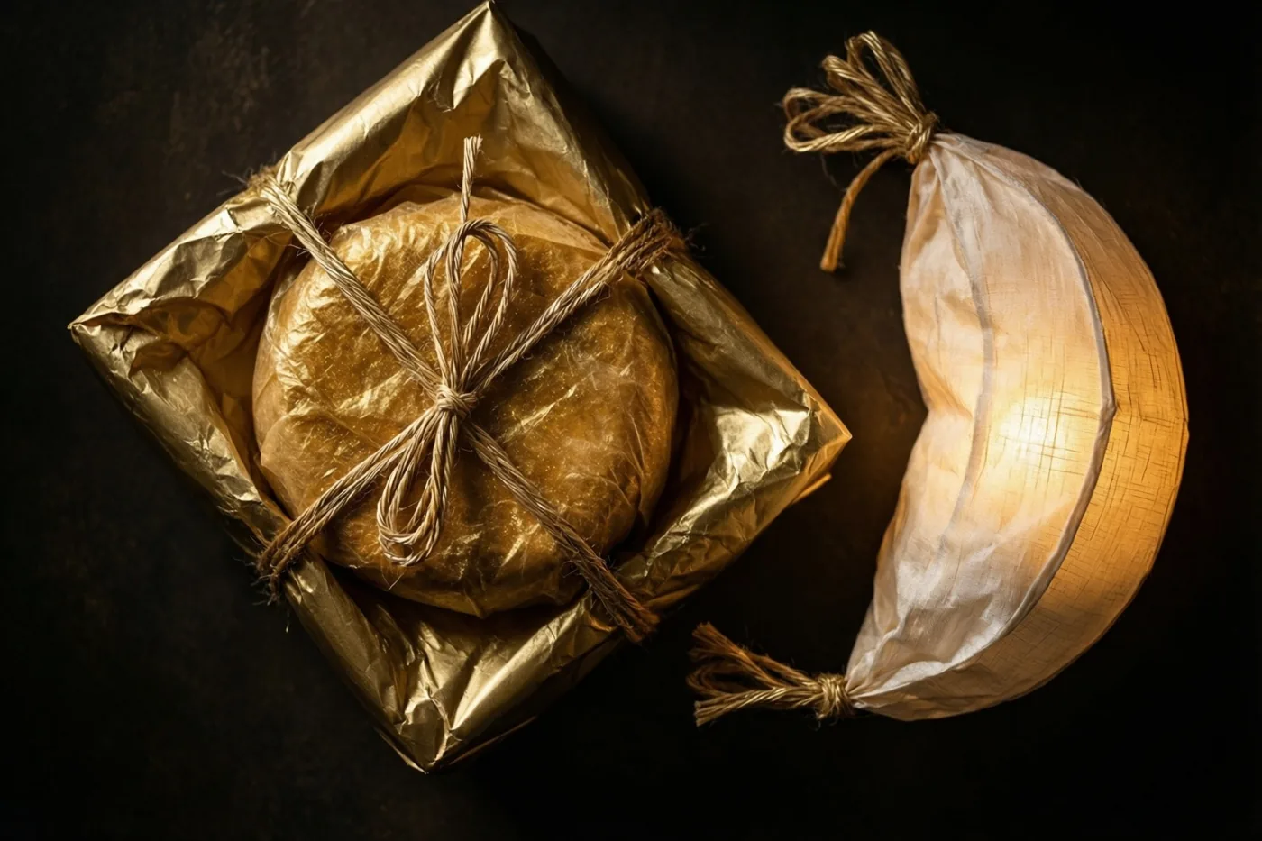 Een rond voedselpakket in gekreukt goudpapier met een touwtje ligt naast een lichtgevende maansikkellantaarn van doorschijnende stof tegen een donkere achtergrond.