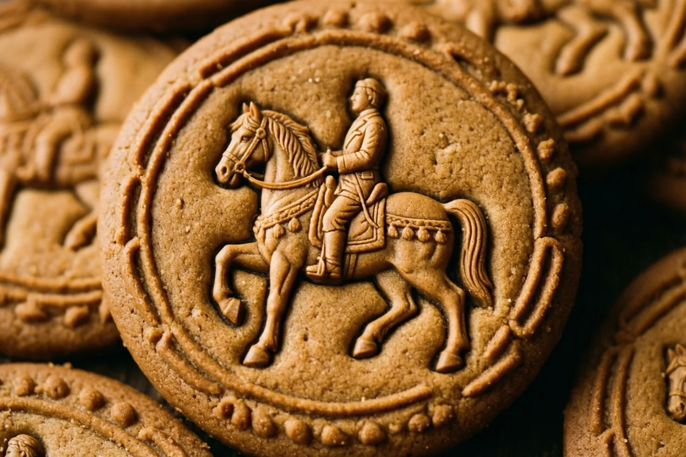 Een goudbruin rond speculaaskoekje met een paard en ruiter in reliëf ligt tussen soortgelijke koekjes die onscherp in beeld zijn.