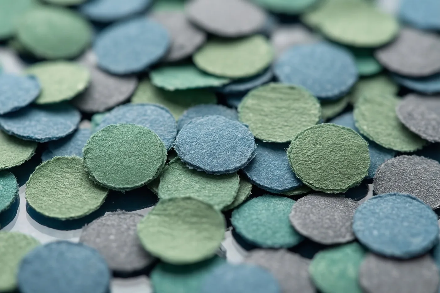 Ronde confetti in groene, blauwe en grijze tinten ligt verspreid op een glanzend oppervlak.