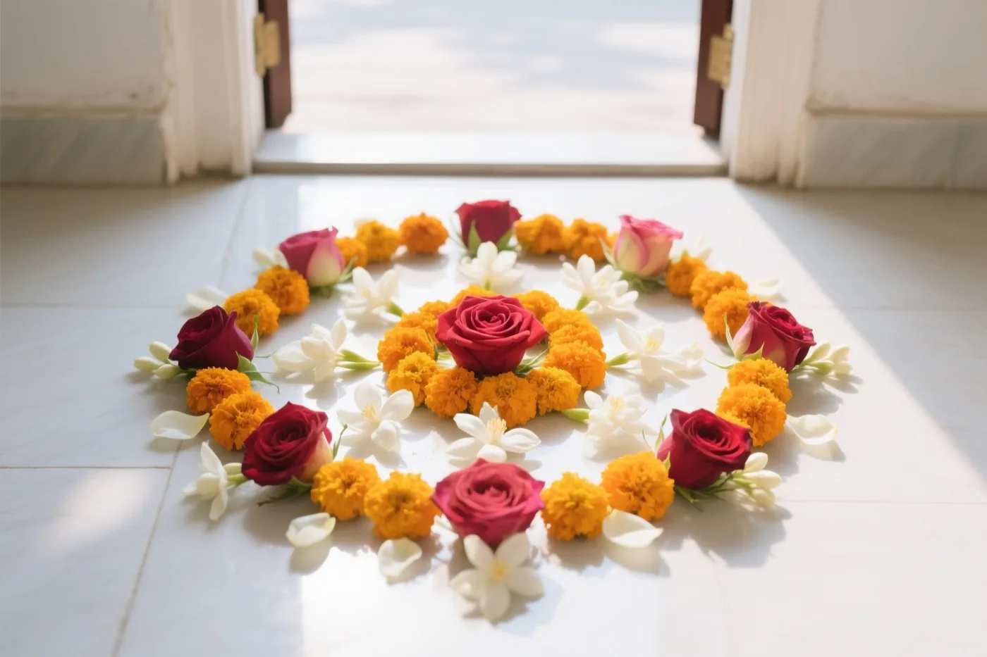 Een ronde rangoli van rode rozen, gele afrikaantjes en witte jasmijnblaadjes ligt op een witte tegelvloer bij een open deur waar zonlicht binnenvalt.