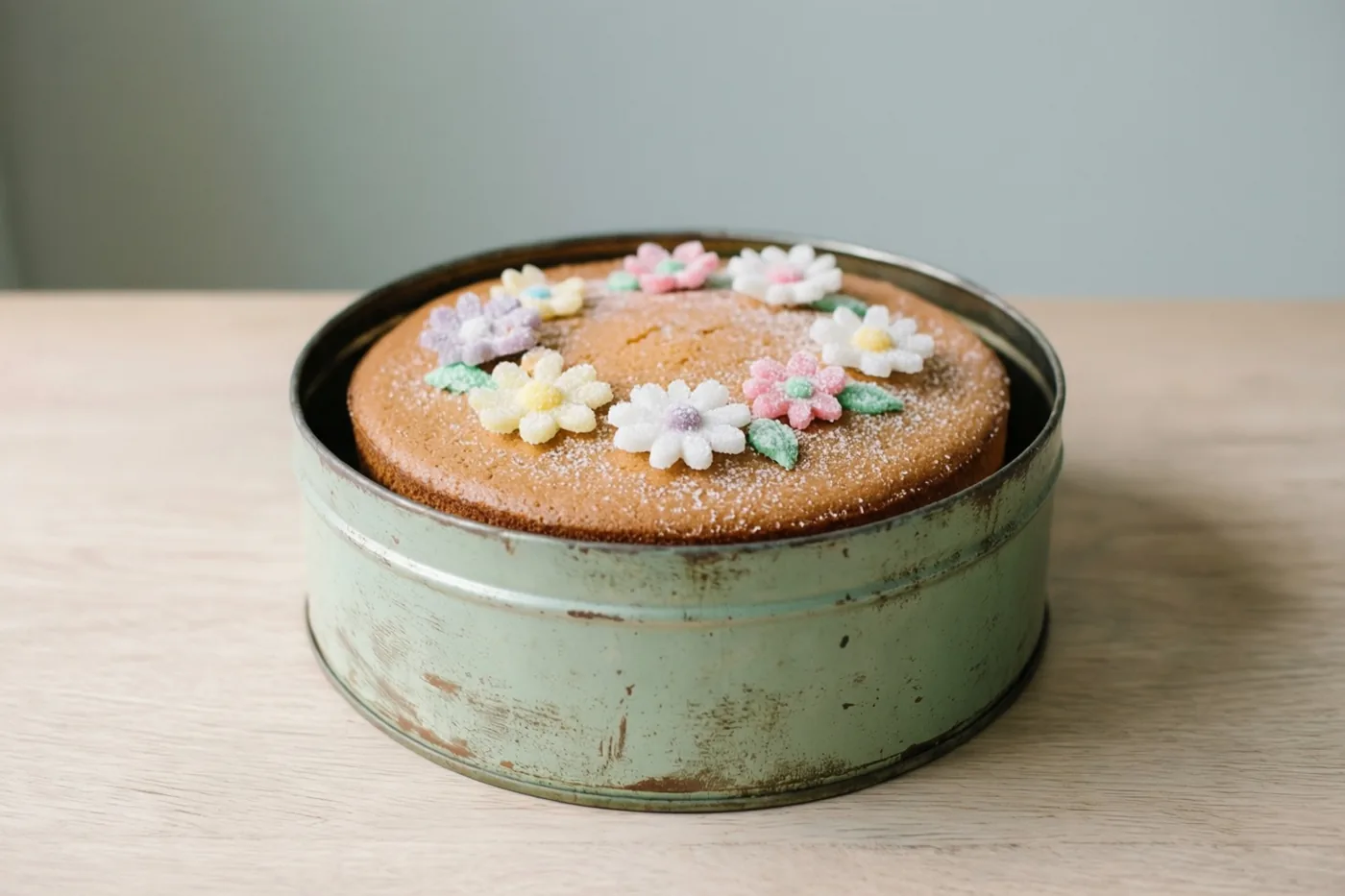 Een ronde biscuitcake met suikerbloemen zit in een verweerd oud blik op een houten ondergrond, in zachte pasteltinten.