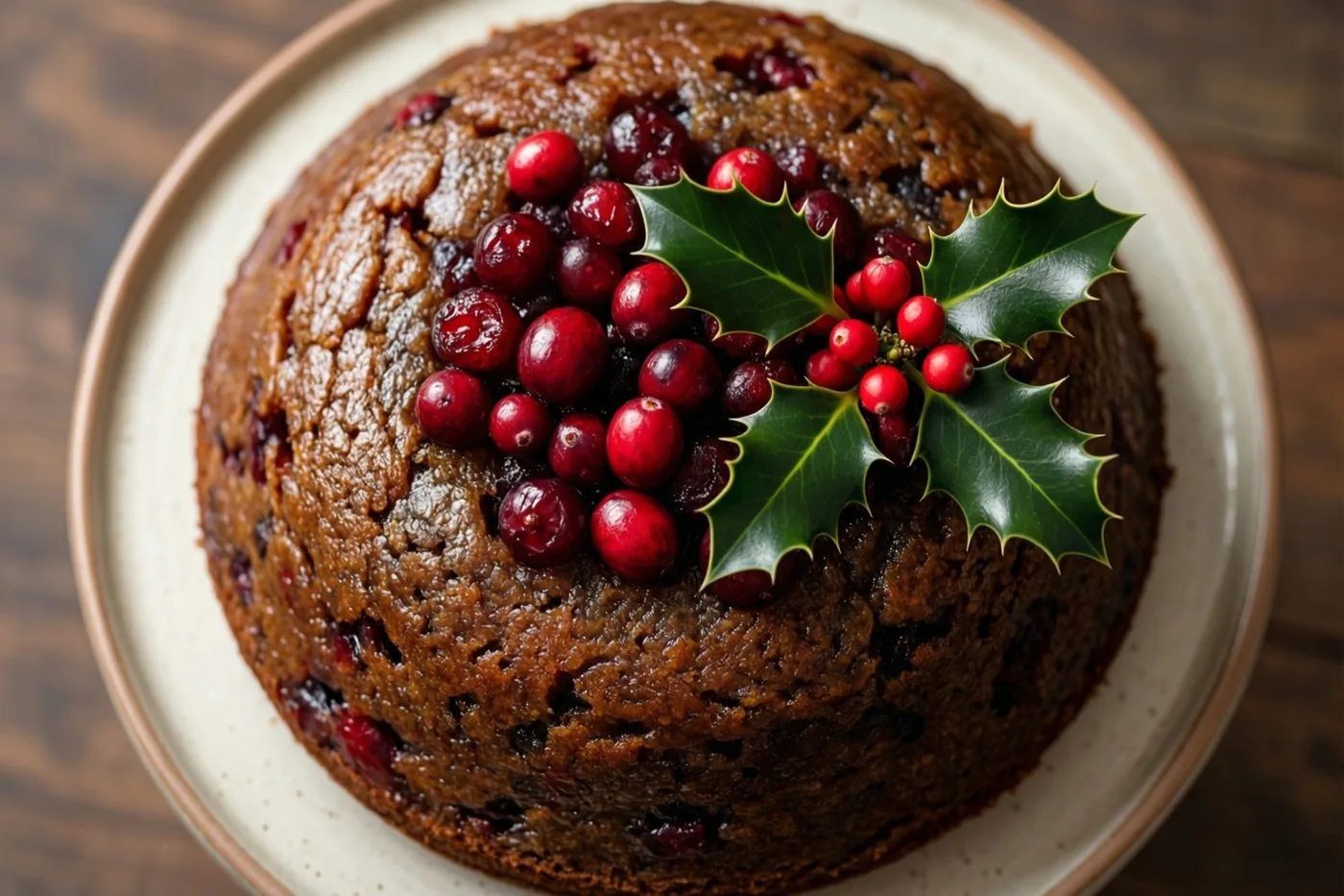Een ronde donkerbruine cake in de vorm van een kerstpudding, versierd met verse veenbessen en een takje hulst, staat op een keramisch bord op een warm verlicht houten oppervlak.