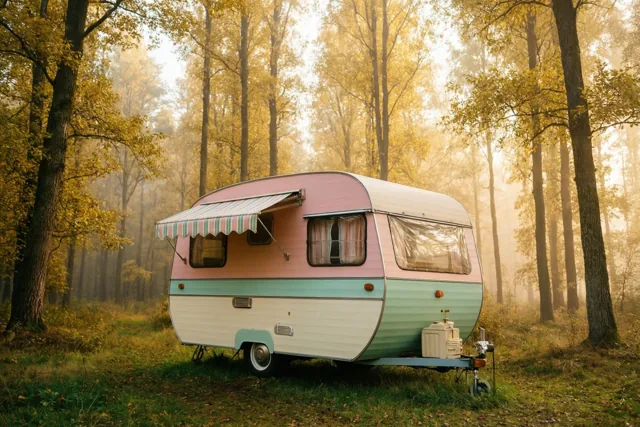 Een retro caravan tussen herfstbomen