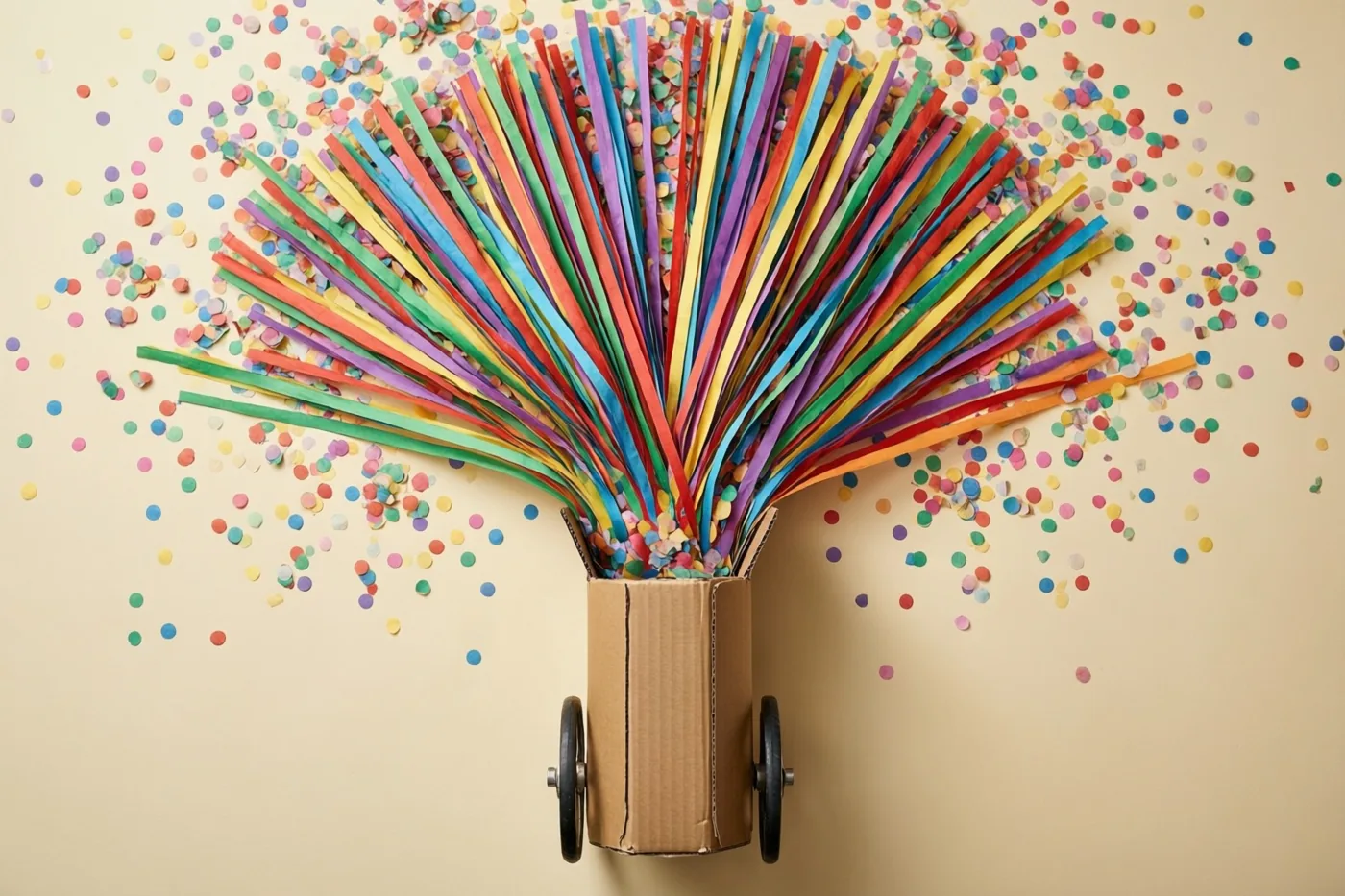Een kartonnen confettikanon met kleurrijke papieren serpentines barst open en verspreidt ronde confetti over een beige oppervlak.