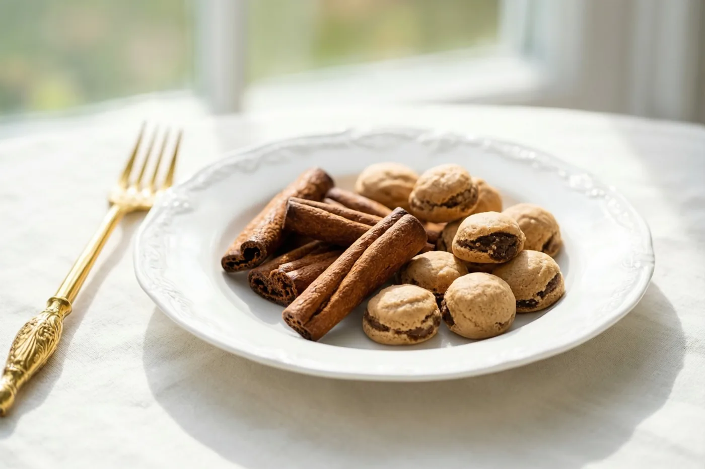 Op een wit tafelkleed staat een wit porseleinen bord met kaneelstokjes en kleine ronde koekjes, met een gouden vork ernaast in zacht raamlicht.