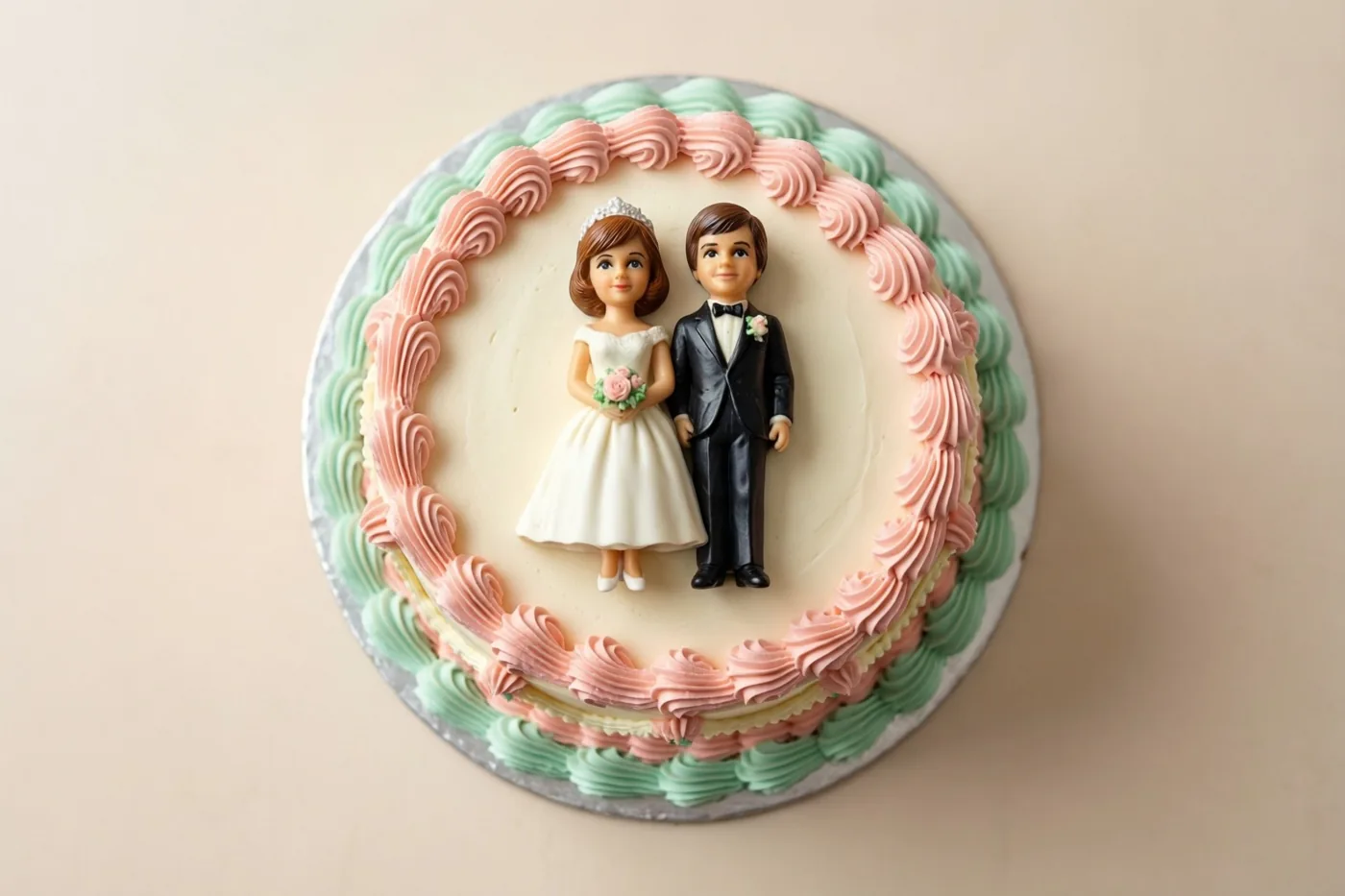 Van bovenaf is een ronde bruidstaart te zien met roze en mintgroen spuitwerk en een bruidspaar in miniatuur, op een zilverkleurige taartplaat tegen een beige achtergrond.