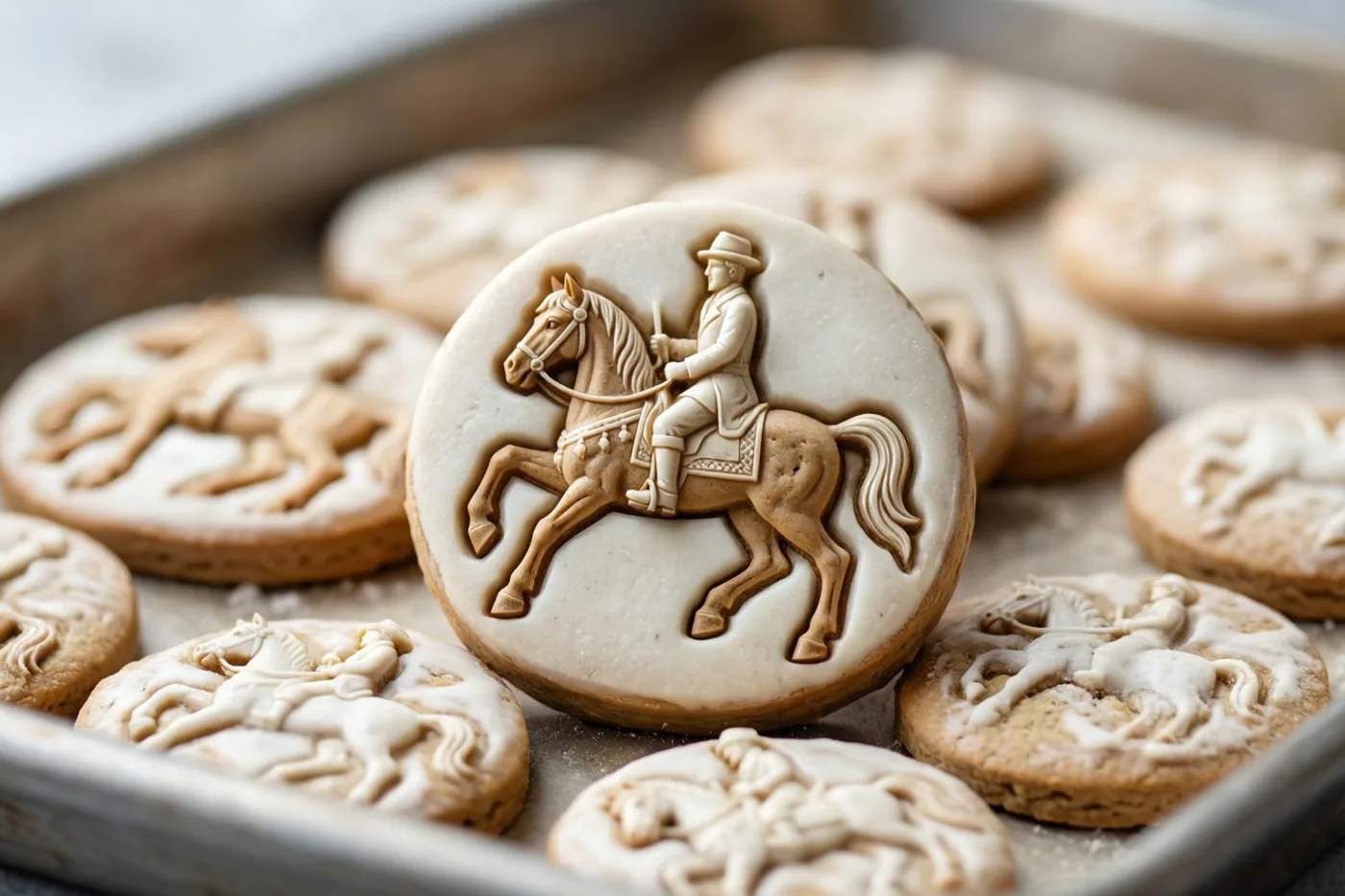 Een schaal ligt vol ronde, goudbruine speculaaskoeken met een reliëf van een paard en ruiter, belicht met warm licht.