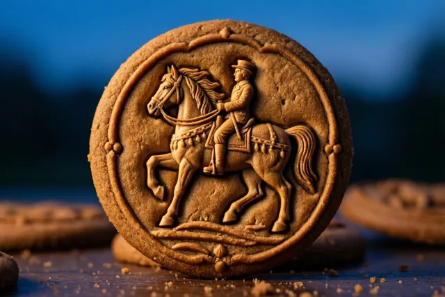 Een rond speculaaskoekje met een reliëf van een paard en ruiter ligt op donker hout voor een onscherpe blauwe achtergrond.