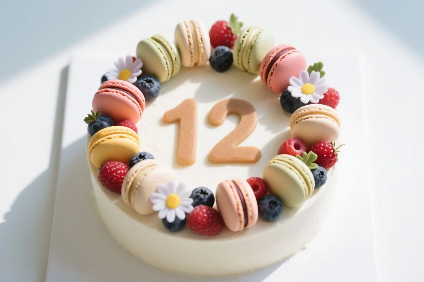 Een ronde witte taart met het getal 12 in het midden en versiering van kleurrijke macarons, bessen en eetbare bloemen staat op een wit oppervlak in fel zonlicht.