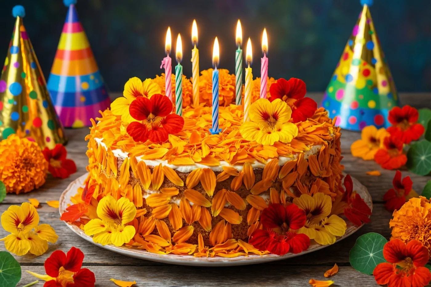 Een ronde taart met oranje bloemblaadjes van afrikaantjes, rode en gele bloemen van Oost-Indische kers en brandende kaarsen staat tussen kleurrijke feesthoedjes op een rustieke houten tafel.