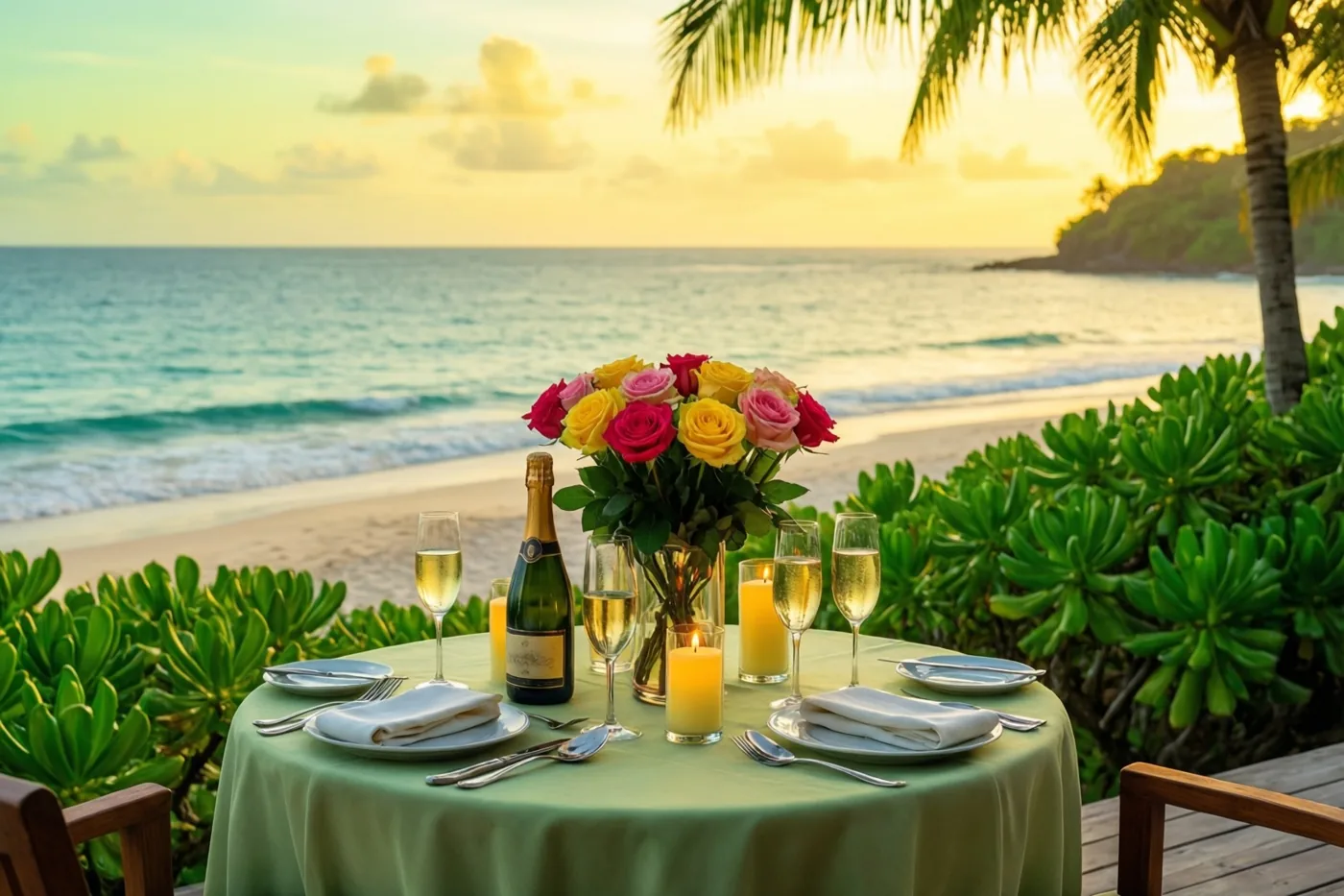 Een ronde tafel voor twee met champagne, kaarsen en een boeket rozen staat bij schemering op een strandterras, met de zee en palmbomen in warm goudkleurig licht op de achtergrond.