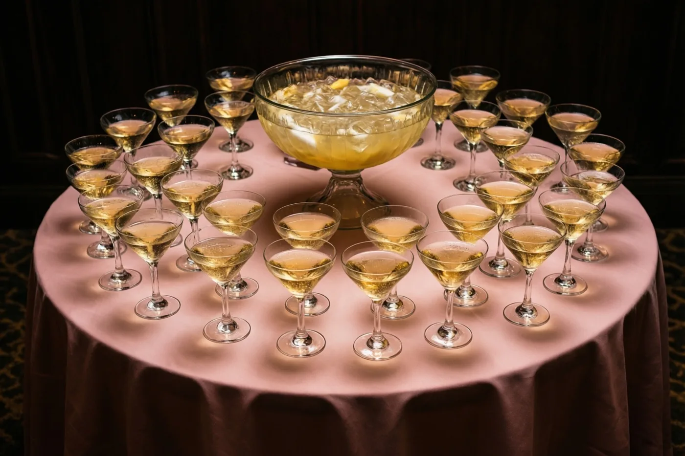 Een ronde tafel met een roze tafelkleed is gedekt met veel cocktailglazen met goudkleurige drank rond een grote glazen punchschaal.