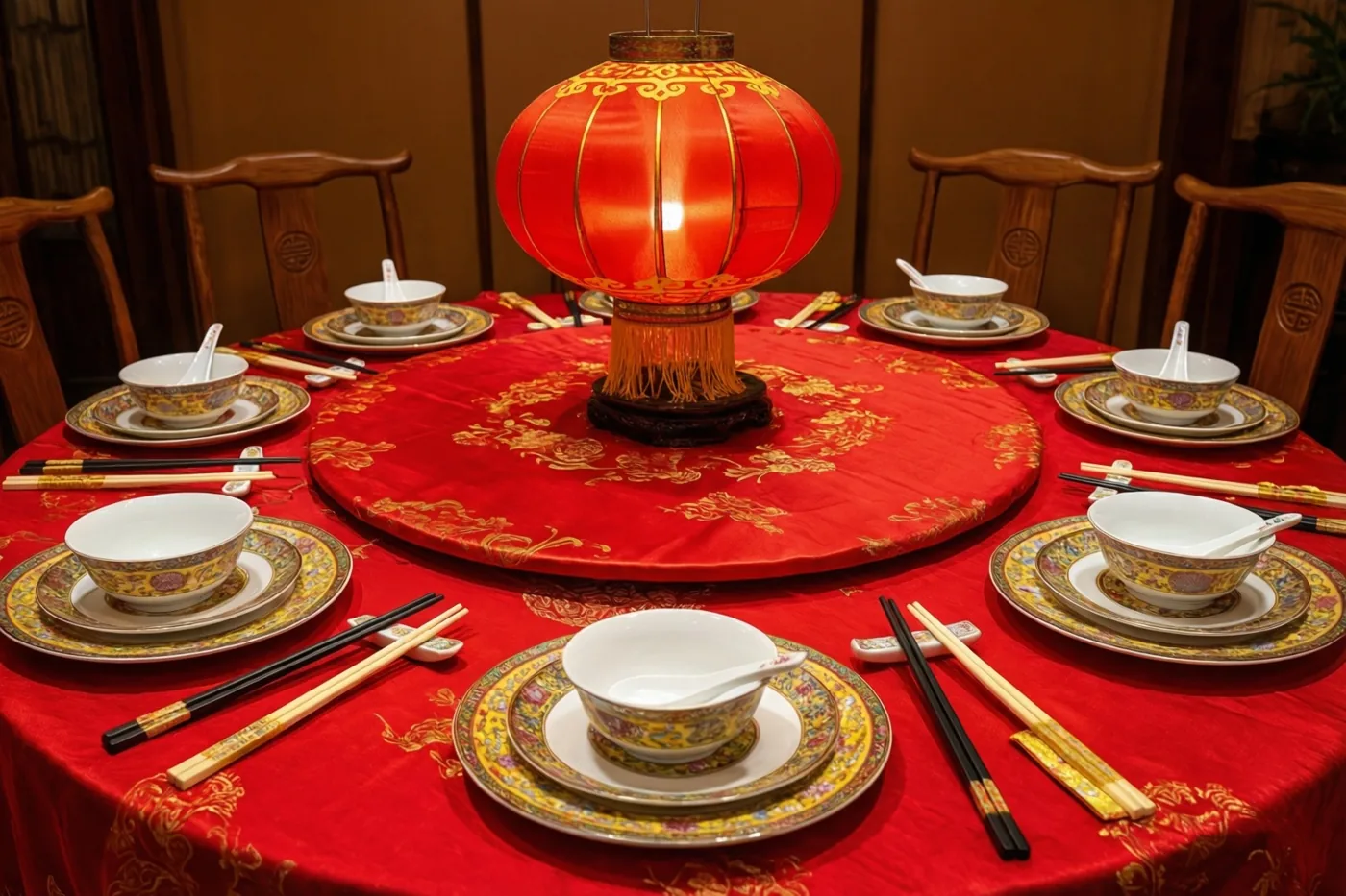 Een ronde eettafel is feestelijk gedekt met een rood en goud tafelkleed, porseleinen kommetjes, eetstokjes en een rode lantaarn in het midden.