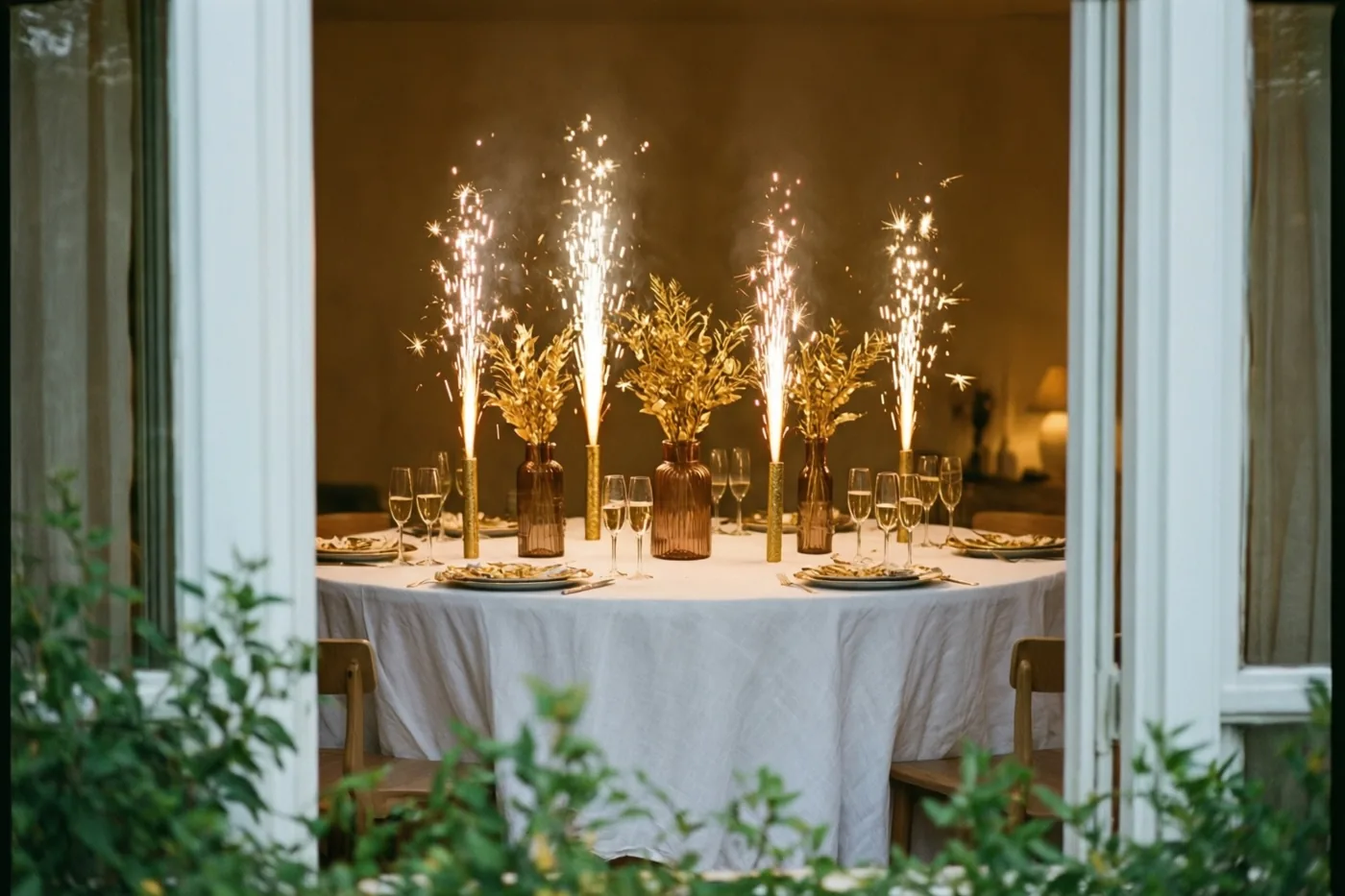 Door een open deuropening is een ronde witte tafel te zien met champagneglazen en gouden sterretjes in amberkleurige vazen, met groen op de voorgrond.