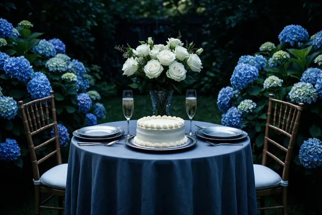Een ronde tuintafel met een blauw tafelkleed staat tussen blauwe hortensia’s en is voor twee gedekt met een wit geglazuurde taart, twee champagneglazen en witte rozen.