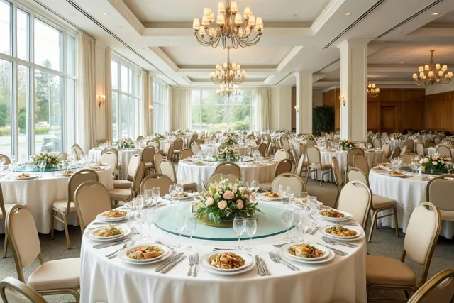 In een ruim restaurant staan ronde tafels met witte tafelkleden, borden, glazen en bloemstukken onder kroonluchters en daglicht uit grote ramen.