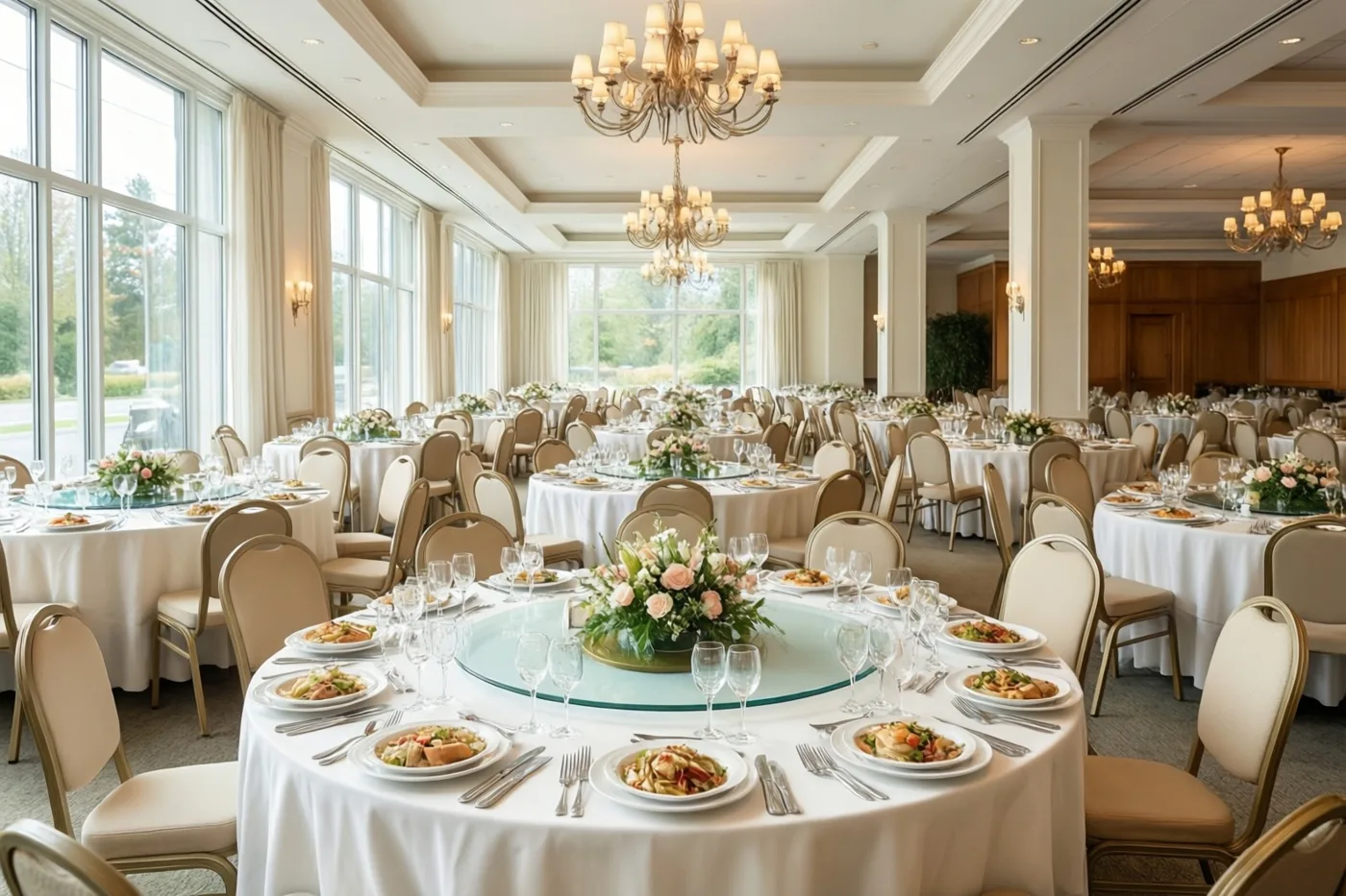 In een ruim restaurant staan ronde tafels met witte tafelkleden, borden, glazen en bloemstukken onder kroonluchters en daglicht uit grote ramen.