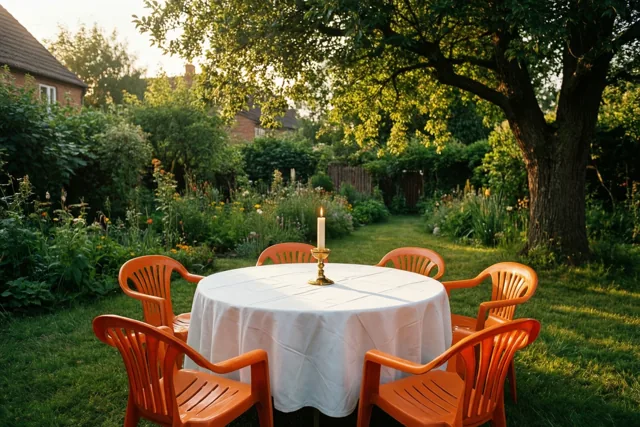 Een ronde tafel met een wit tafelkleed en één brandende communiekaars staat tussen oranje plastic stoelen in een groene tuin met goudkleurig zonlicht.