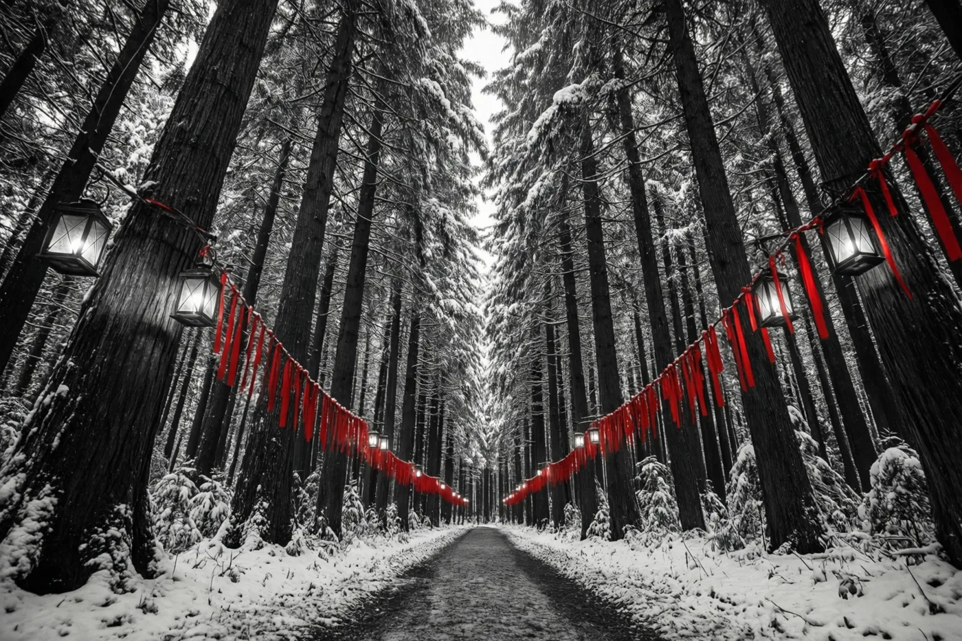 Een zwart-witbeeld toont een besneeuwd bospad tussen hoge sparren met brandende lantaarns en rood uitgelichte linten.
