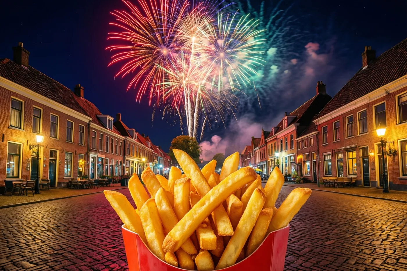 Een rood bakje goudgele frieten staat voor een kasseistraat met traditionele bakstenen gebouwen, warme straatverlichting en rood, groen en wit vuurwerk in de nachthemel.
