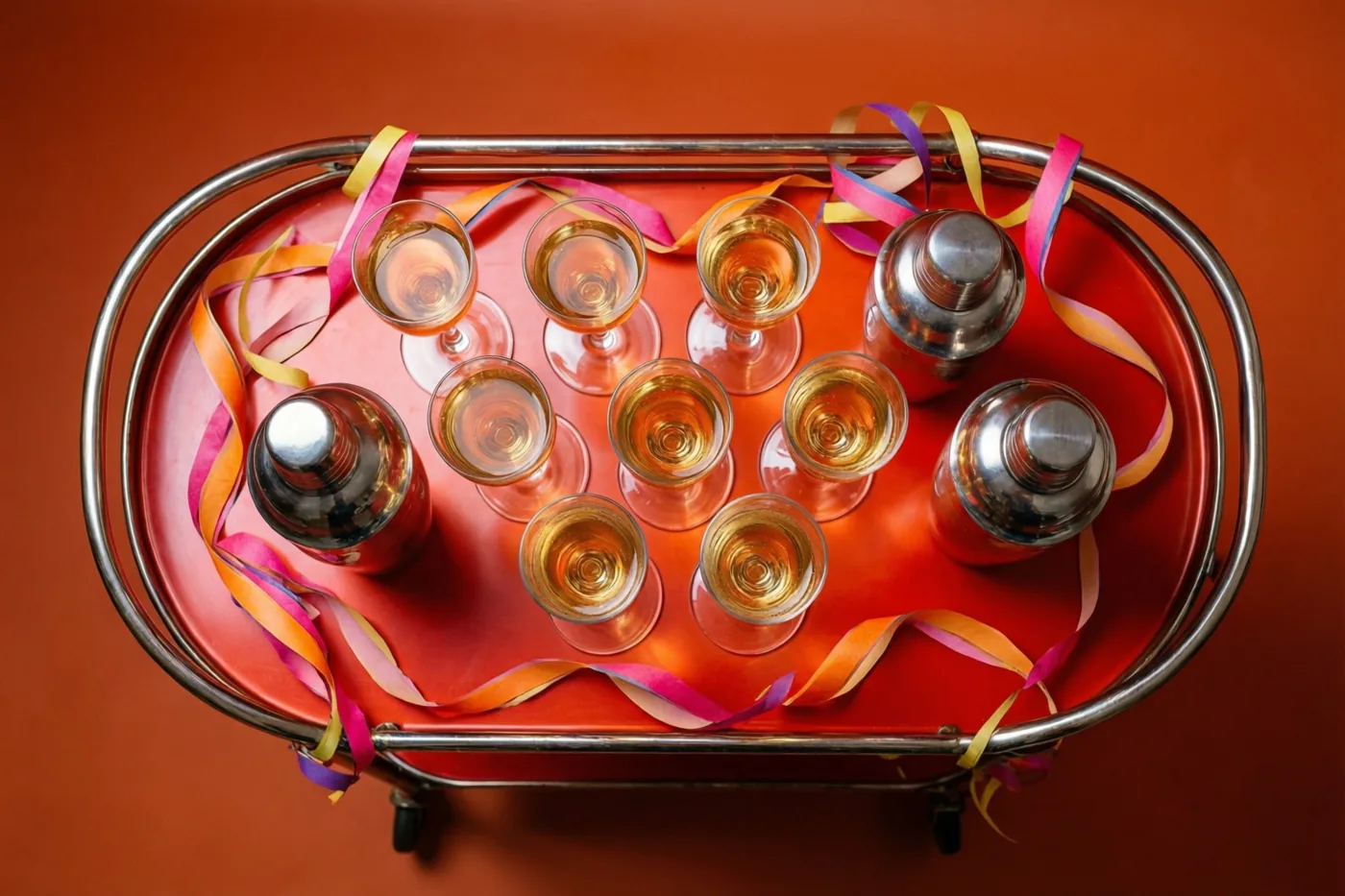 Van bovenaf is een barwagentje in jarenzestigstijl met een rood dienblad te zien, met champagnecoupes vol goudkleurige drank, twee zilverkleurige cocktailshakers en slingers tegen een oranje achtergrond.