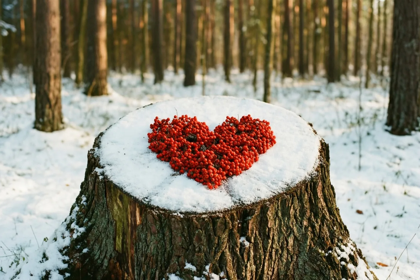 Een hart van rode bessen ligt op een besneeuwde boomstronk in een winters bos met hoge bomen.