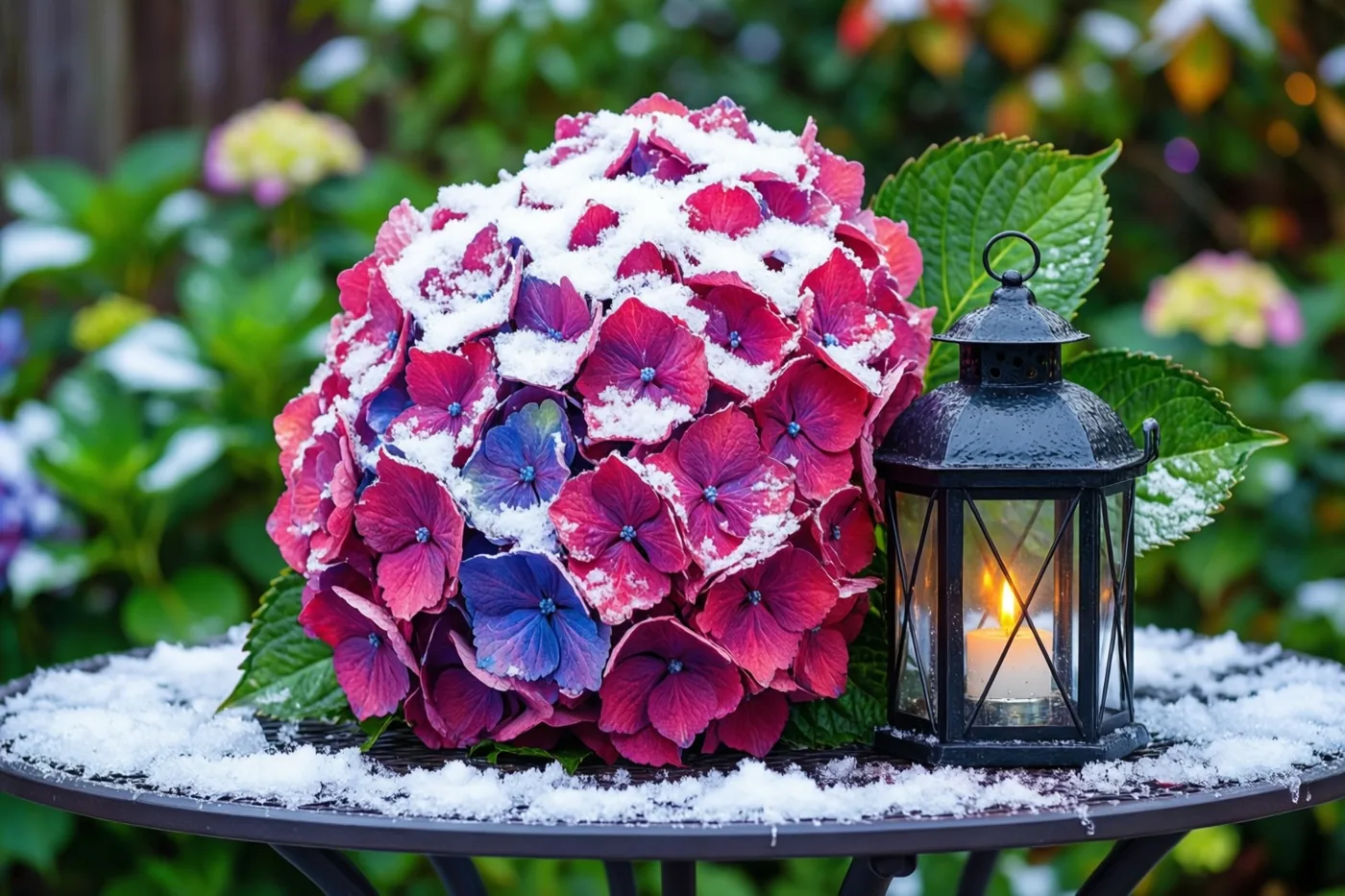 Een hortensiabloem met rode en blauwe bloemblaadjes en een laagje sneeuw ligt naast een brandende zwarte lantaarn op een tuintafel in een besneeuwde tuin met groen op de achtergrond.