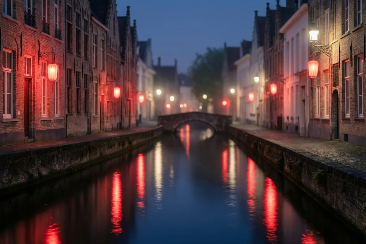 Een smalle stadsgracht in een oud Vlaams stadje ligt tussen bakstenen gebouwen, met rode lantaarns en weerspiegelingen in warme rode en koele blauwe tinten bij nacht.