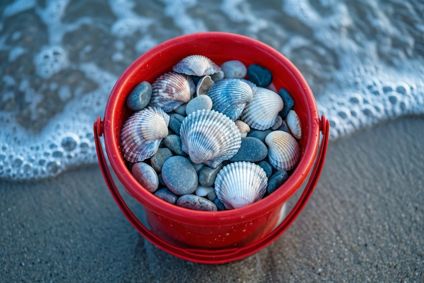 Een rood kinderemmertje met schelpen en keien staat op nat zand aan de waterlijn, met zacht zeeschuim erachter in rode, blauwe en beige tinten.