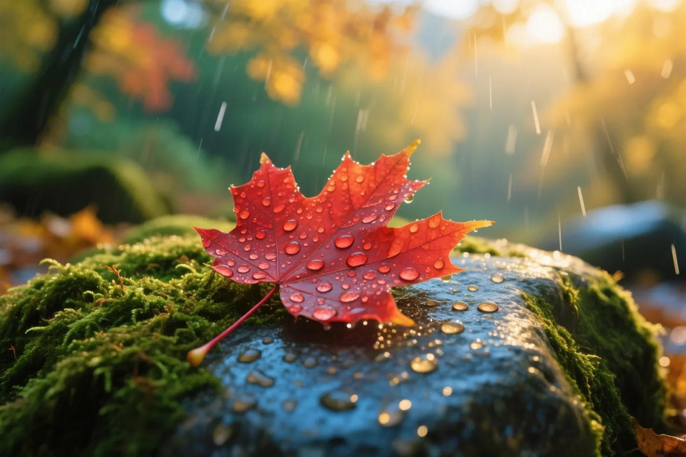 Een felrood esdoornblad met regendruppels ligt op een bemoste steen, met onscherpe herfstbladeren op de achtergrond.