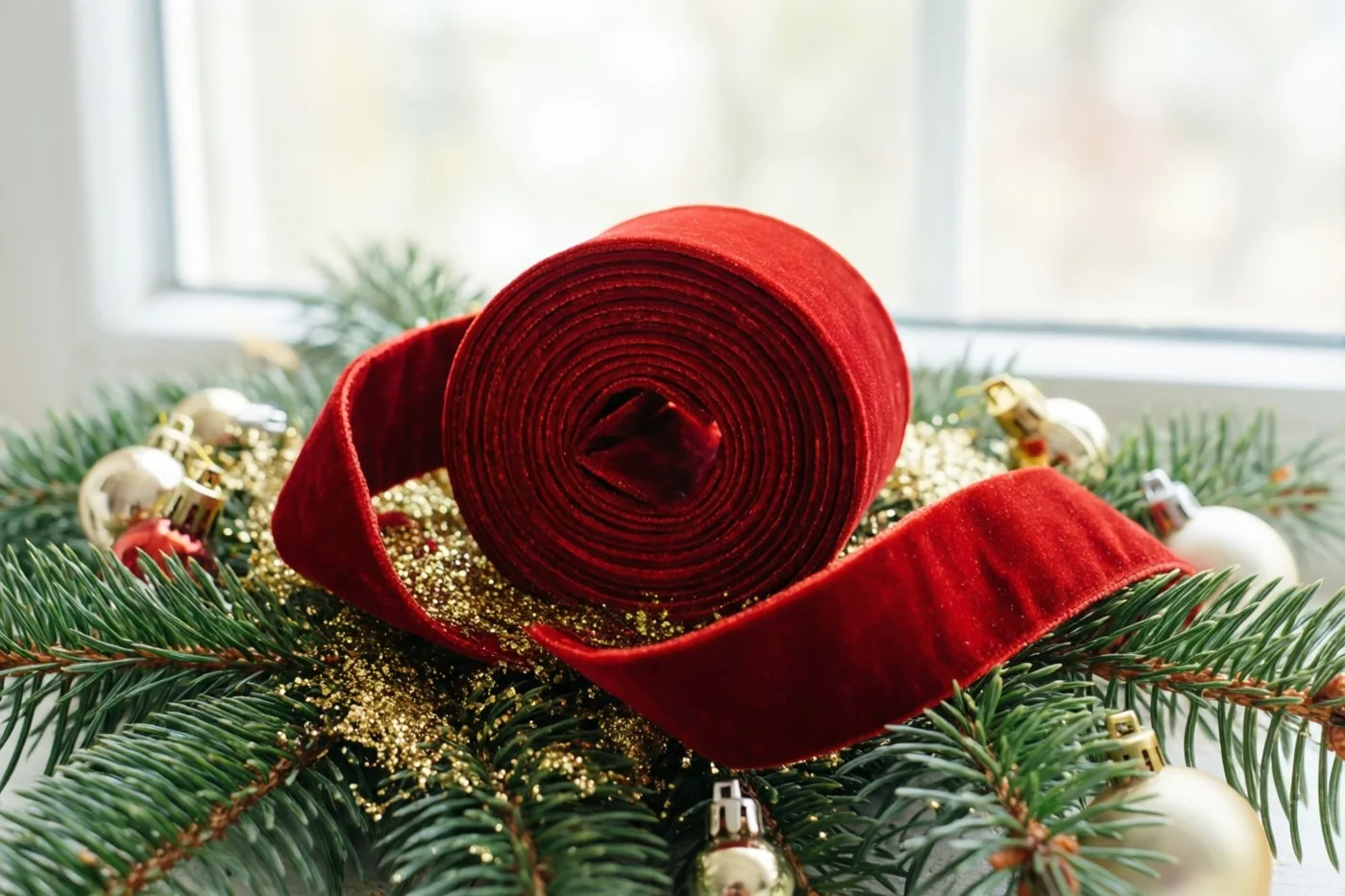 Een rood fluwelen lint krult over gouden glitter tussen groene dennennaalden en kleine kerstballen, voor een helder raam.