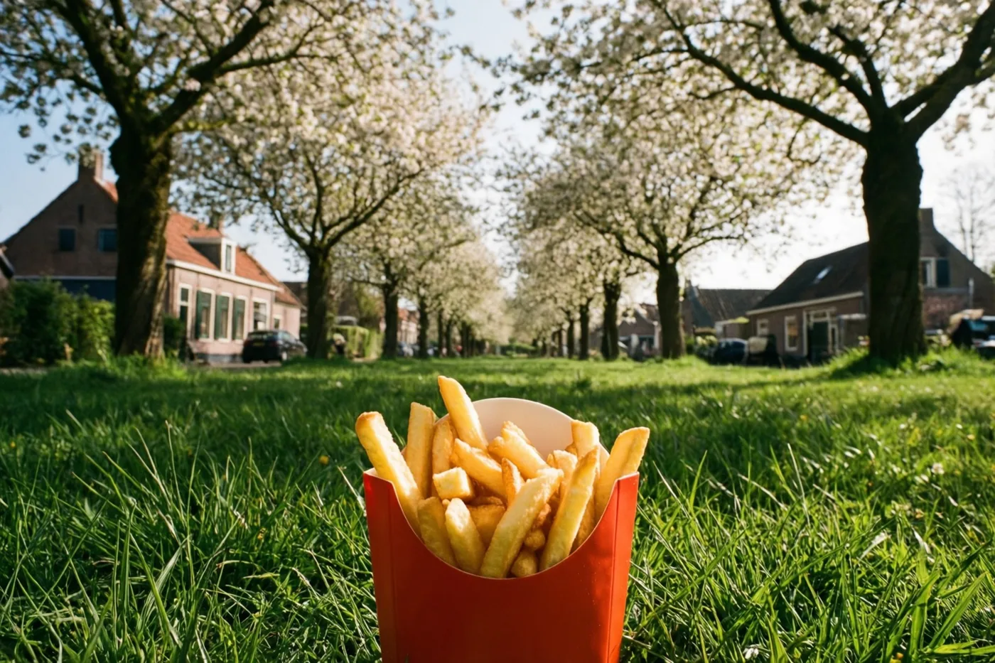 Een rood papieren bakje goudgele frieten staat op groen gras, met bloeiende bomen en traditionele huizen langs een dorpsstraat onder een heldere hemel.