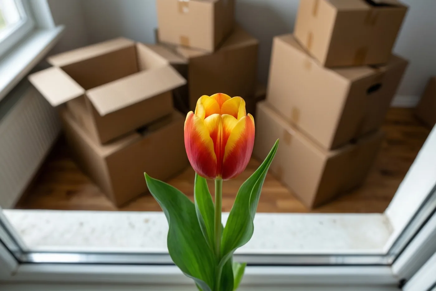 Een rood-gele tulp bloeit op een vensterbank in daglicht, met onscherpe stapels lege kartonnen verhuisdozen op de achtergrond.