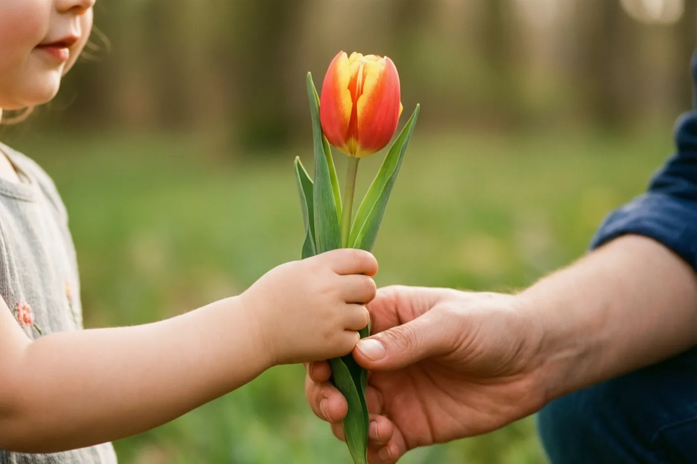 Een kleine kinderhand biedt een rood-gele tulp aan een volwassen hand aan tegen een onscherpe groene tuinachtergrond.