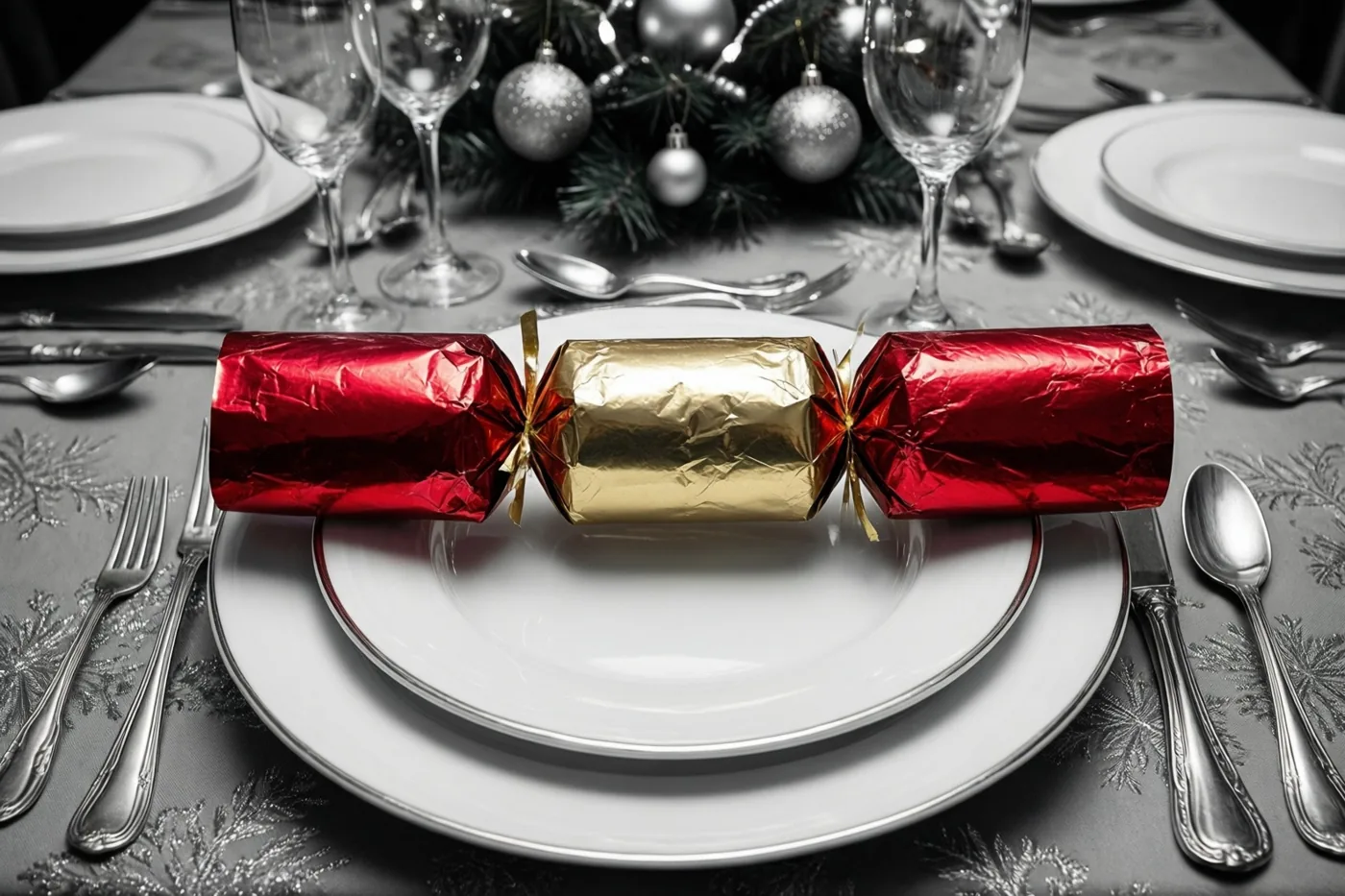 Een kerstcracker in rood en goud papier ligt op een wit bord op een gedekte tafel met zilveren versiering en een tafelkleed met sneeuwvlokken.