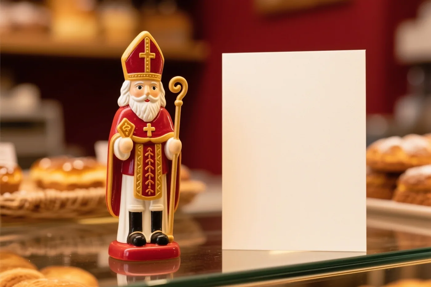 Een hoge rood-gouden speculaasfiguur van Sinterklaas staat naast een blanco kaartje op een bakkerstoonbank, met gebak op de achtergrond.