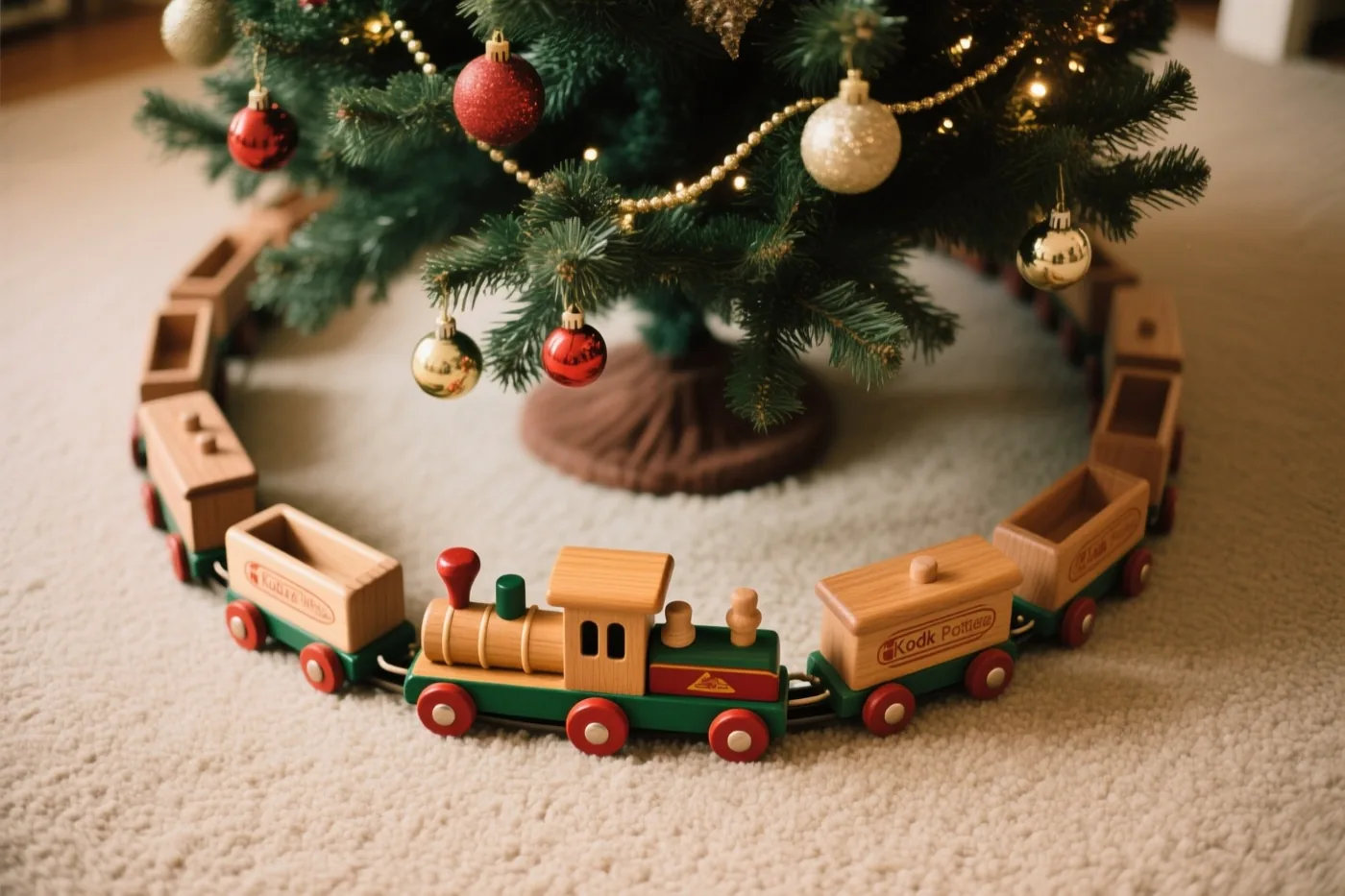 Een houten speelgoedtrein in oude stijl met groene en rode accenten rijdt op een beige tapijt rond de voet van een versierde kerstboom in warm licht.