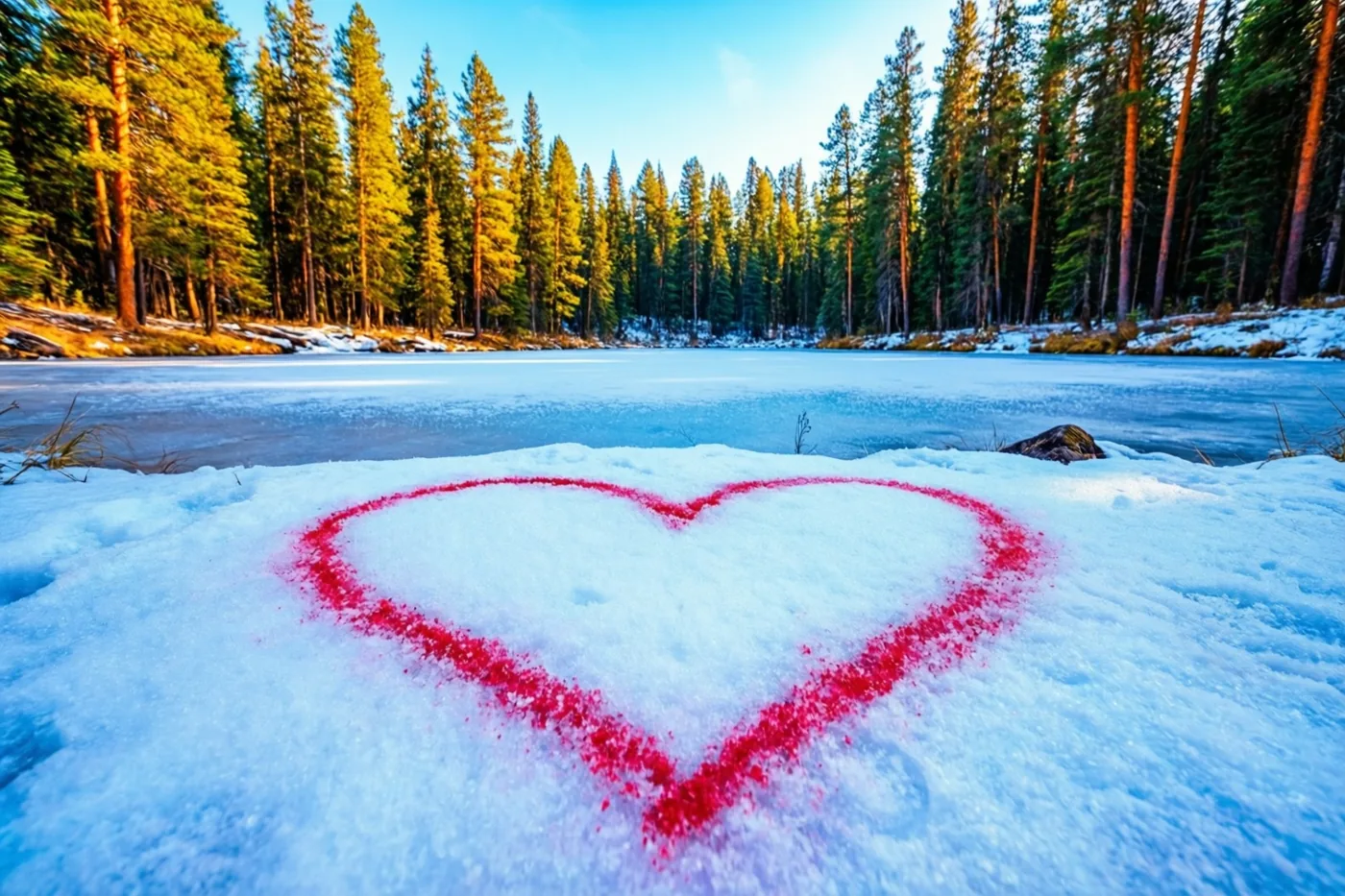 Een rood hart is in de sneeuw aan de rand van een bevroren vijver getekend, met een dicht dennenbos onder een helderblauwe hemel.