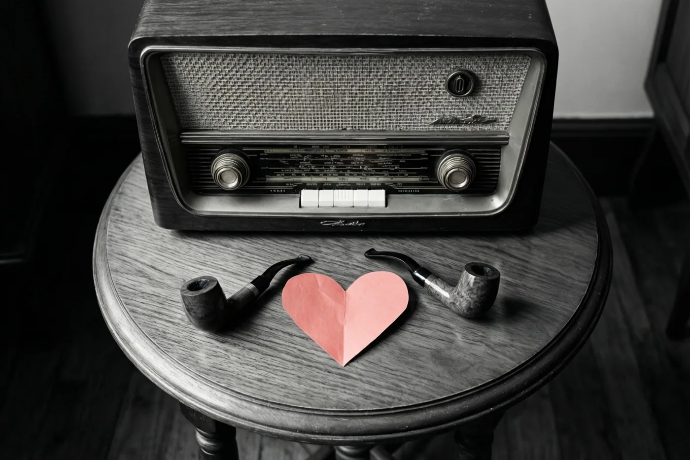 Een oude radio, twee pijpen en een rood papieren hart liggen op een houten bijzettafel in een zwart-witbeeld waarin alleen het hart kleur heeft.