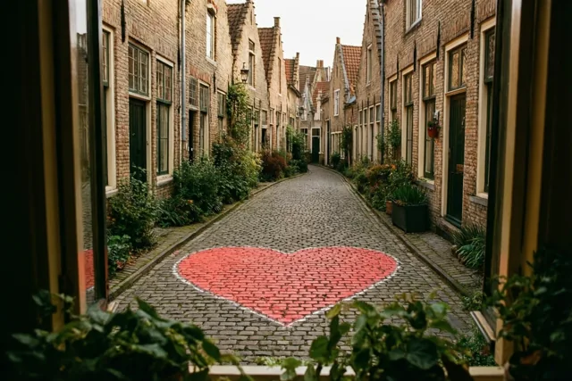 Vanuit een raam is een smalle kasseistraat met traditionele trapgevelhuizen te zien, met een groot rood hart omlijnd met wit krijt op de kasseien, tussen gedempte aardetinten en groen.