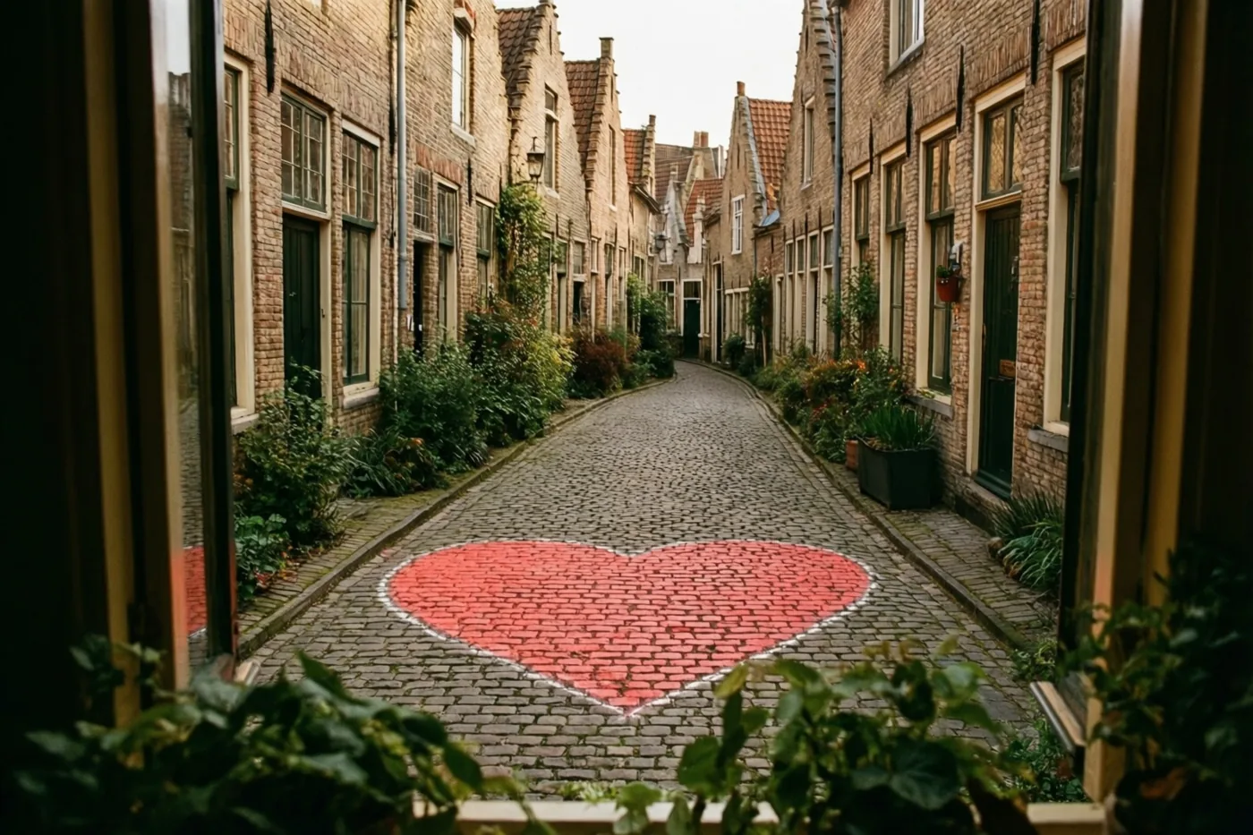 Vanuit een raam is een smalle kasseistraat met traditionele trapgevelhuizen te zien, met een groot rood hart omlijnd met wit krijt op de kasseien, tussen gedempte aardetinten en groen.