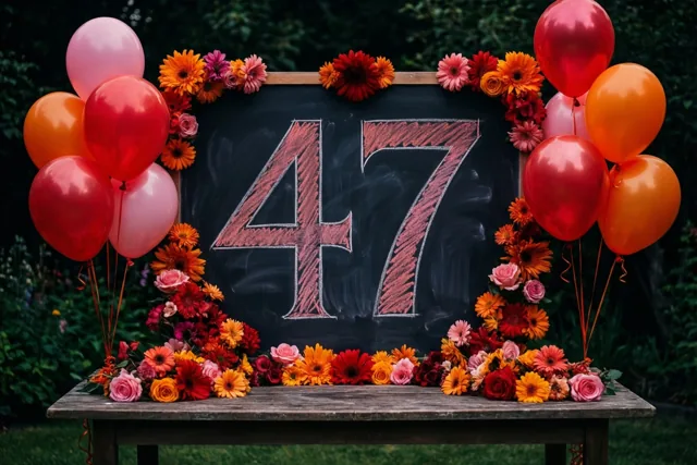 Een krijtbord met 47 in rood krijt staat op een houten tuintafel tussen kleurrijke bloemen en rode, oranje en roze ballonnen, voor groen gebladerte.