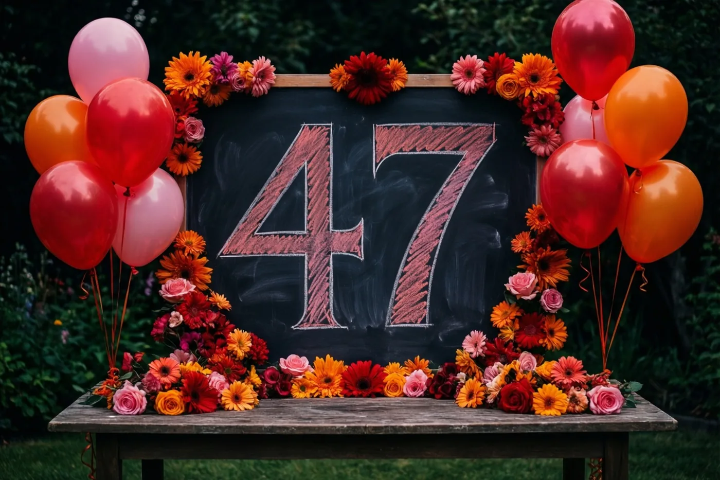 Een krijtbord met 47 in rood krijt staat op een houten tuintafel tussen kleurrijke bloemen en rode, oranje en roze ballonnen, voor groen gebladerte.
