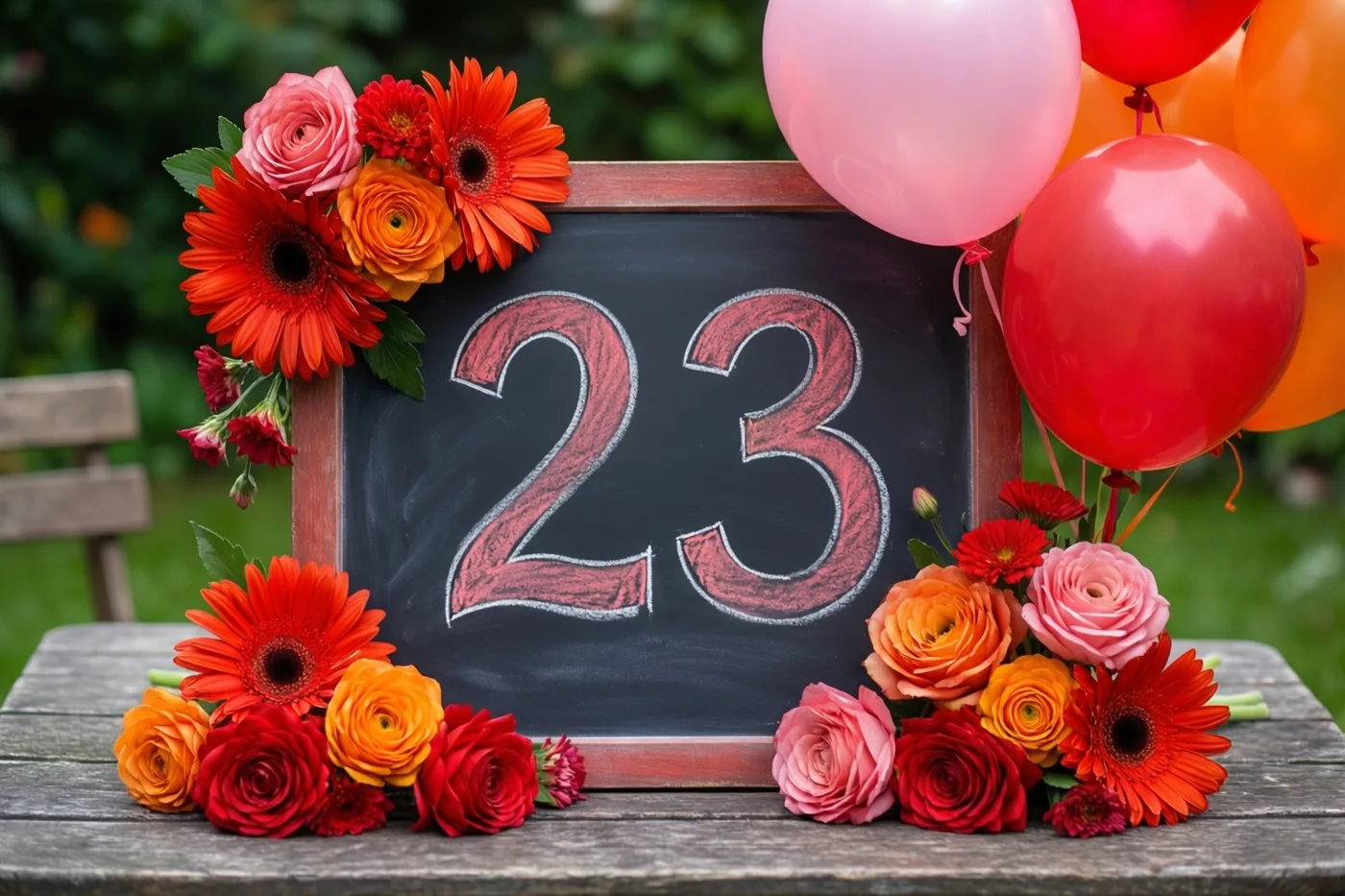 Een krijtbord met 23 in rood krijt staat op een houten tuintafel tussen rode, oranje en roze bloemen en ballonnen, met groen achteraan.